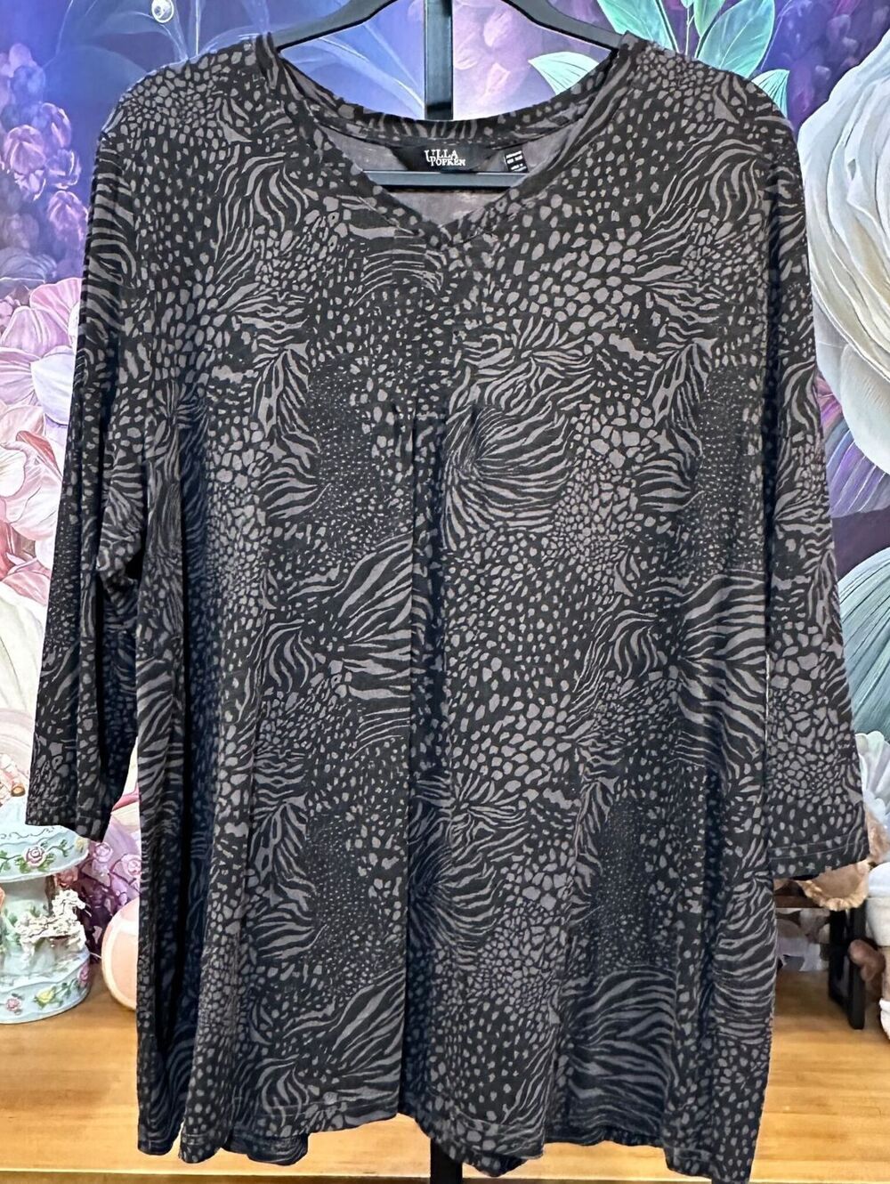 Ulla Popken 100% Cotton 16/18 Tunic Top Artsy Eclectic Animal Print Long Sleeve